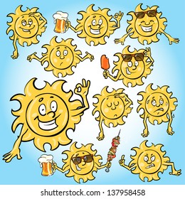 Cartoon Sun Icons, Summer sun set.