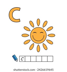 In: Cartoon Sun Illustration. Lernspiel für kleine Kinder - Schreiben Sie ein Wort in russischer Sprache. Vektor-Alphabet für Kinder