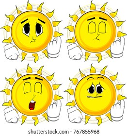 Cartoon sun inviting to come there. Collection with sad faces. Expressions vector set.
