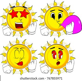 Cartoon sun inviting to come there. Collection with various facial expressions. Vector set.