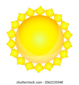 Cartoon sun isolated on white background. Yellow sun with shining light rays. Summer, spring and vacation symbol. Sun icon with flares and glow. Weather or day sign. Stock vector illustration
