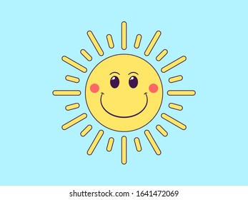 Cartoon sun with joyful face. Friendly sun for postcard design, banner and poster. Cute sunny character with big smile and surrounded by sunbeams. Vector illustration