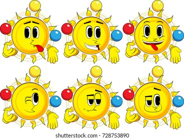 Cartoon sun juggler. Collection with happy faces. Expressions vector set.
