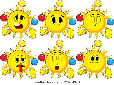 Cartoon sun juggler. Collection with sad faces. Expressions vector set.