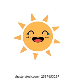 A cartoon sun with a laughing face with tears. The sun is yellow and has a laughing expression.