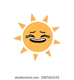 A cartoon sun with a laughing with tears. The sun is yellow and has a to laughing expression.