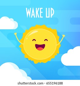 Cartoon sun laughs on blue background with clouds. Wake up poster. Flat style. Vector illustration.