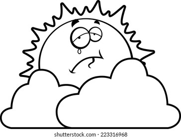 A cartoon sun looking sad behind some clouds.
