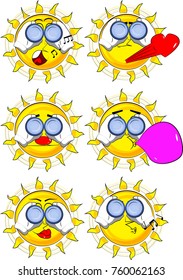 Cartoon sun looking through binoculars. Collection with various facial expressions. Vector set.