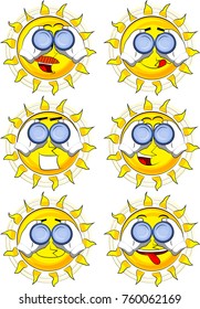 Cartoon sun looking through binoculars. Collection with happy faces. Expressions vector set.