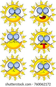 Cartoon sun looking through binoculars. Collection with sad faces. Expressions vector set.
