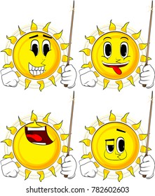 Cartoon sun with a magic wand. Collection with happy faces. Expressions vector set.