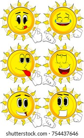 Cartoon sun making friend zone symbol. Collection with happy faces. Expressions vector set.