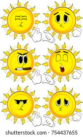 Cartoon sun making friend zone symbol. Collection with sad faces. Expressions vector set.
