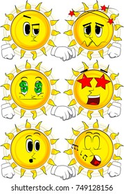 Cartoon sun making handshake. Collection with various facial expressions. Vector set.