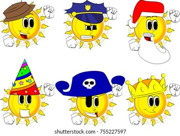 Cartoon sun making power to the people fist gesture. Collection with costume. Expressions vector set.