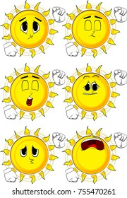 Cartoon sun making power to the people fist gesture. Collection with sad faces. Expressions vector set.