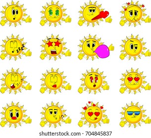 Cartoon sun making thumbs up sign. Collection with various facial expressions. Vector set.