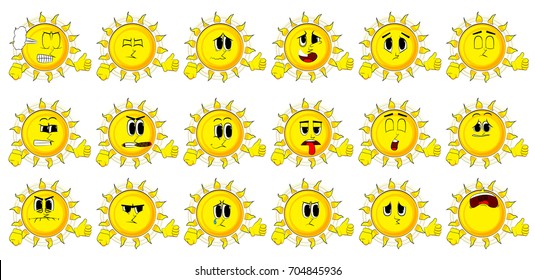 Cartoon sun making thumbs up sign. Collection with sad faces. Expressions vector set.