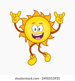 Cartoon sun mascot. Funny character vector illustration set. Retro yellow emoji in different poses. Smiling happy Sun. Vintage texture.