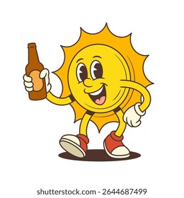Cartoon sun mascot smiling widely while walking and holding a beer bottle. Ideal for summer, party, vacation, and social event designs. Bright and playful vector illustration