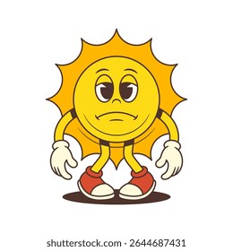 Cartoon sun mascot standing with drooped hands and a sad expression. Suitable for emotional, weather and seasonal designs. Perfect for illustrating feelings of gloom or low energy. Vector illustration
