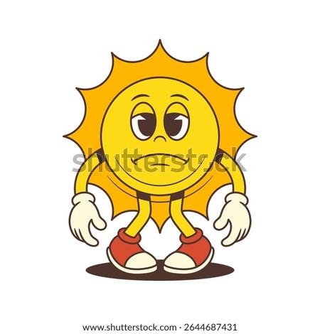 Cartoon sun mascot standing with drooped hands and a sad expression. Suitable for emotional, weather and seasonal designs. Perfect for illustrating feelings of gloom or low energy. Vector illustration