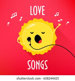 Cartoon sun with microphone sings love songs. Cute music card for karaoke album. Flat style. Vector illustration.