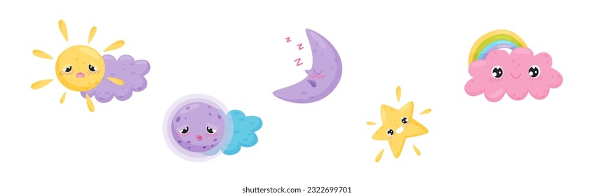 Cartoon Sun, Moon and Cloud with Different Facial Expression Vector Set