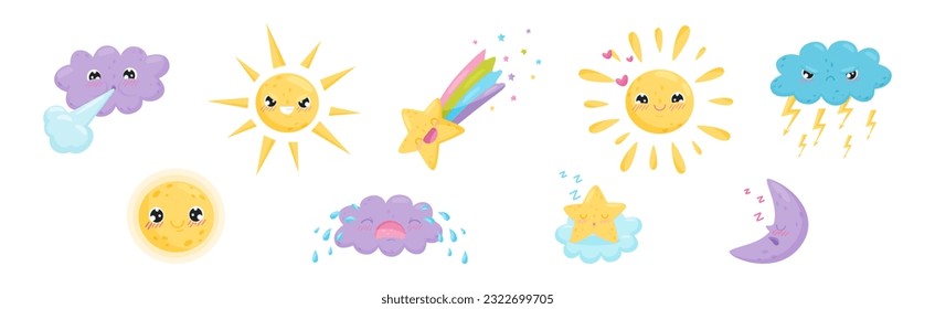 Cartoon Sun, Moon and Cloud with Different Facial Expression Vector Set