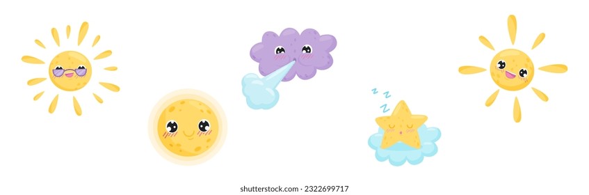 Cartoon Sun, Moon and Cloud with Different Facial Expression Vector Set