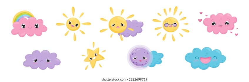 Cartoon Sun, Moon and Cloud with Different Facial Expression Vector Set