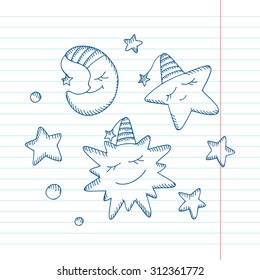 Cartoon Sun, Moon (Crescent) and Star - hand drawn doodle set