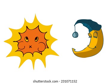 Cartoon Sun and Moon with Exaggerated Human features, Vector Illustration isolated on White background, outlines available on separated Layers. 