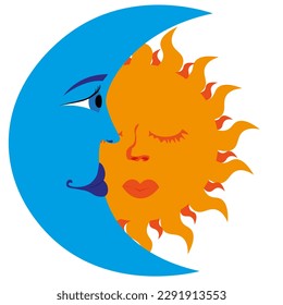 Cartoon Sun and Moon with face isolated on white background. Ethnic weather element. Folk symbol. Vector illustration.
