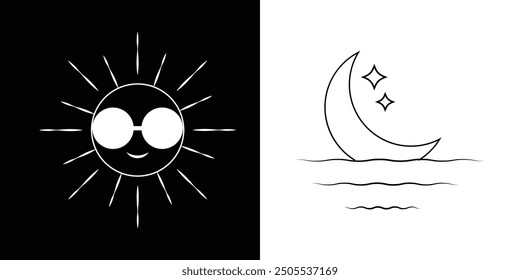 The cartoon sun and moon with star Vector illustration outline stroke . White and black background eps 10.