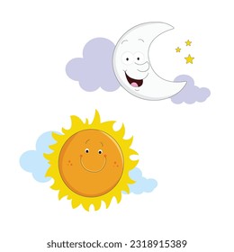 cartoon Sun, moon, stars, clouds. Vector illustration.