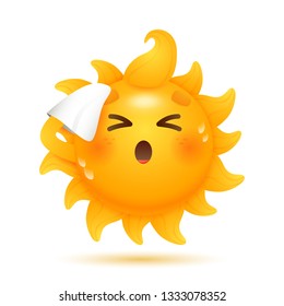 Cartoon sun moping its forehead illustration. Handkerchief, tissue, heat. Weather forecast concept. Can be used for topics like summer, weekend, beach