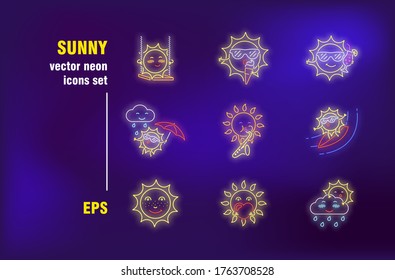 Cartoon sun neon signs set. Cute character in different action, eating ice cream, surfing, walking in rain. Night bright advertising. Vector illustration in neon style for banners, posters design