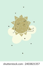 Cartoon sun on a white cloud. Nice card.