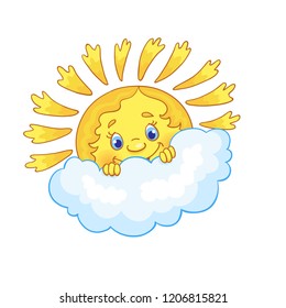 Illustration for children. Smiling sun in fine weather, wearing ...