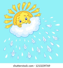 Cartoon sun peeking out from a cloud and funny raindrops.  Card on a blue background. Vector illustration.