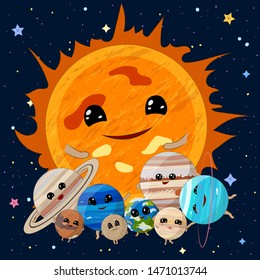 Cartoon Sun with planets of Solar System on space background, vector illustration