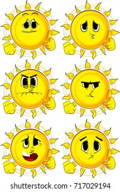 Cartoon sun with pointing hand at the viewer. Collection with sad faces. Expressions vector set.