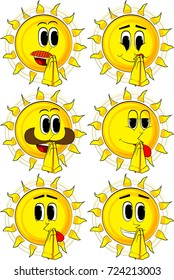Cartoon sun with praying hands. Collection with happy faces. Expressions vector set.