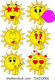 Cartoon sun with praying hands. Collection with various facial expressions. Vector set.