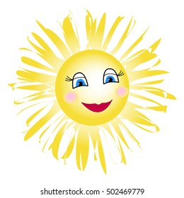 Cartoon sun with a pretty face and asymmetrical beams