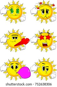 Cartoon sun put an imaginary gun to his head. Collection with various facial expressions. Vector set.