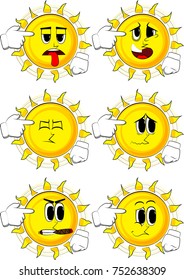 Cartoon sun put an imaginary gun to his head. Collection with sad faces. Expressions vector set.