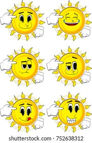 Cartoon sun put an imaginary gun to his head. Collection with happy faces. Expressions vector set.